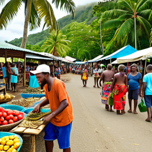 **Image Prompt:** Bustling Vanuatu marketplace scene. Focus on a friendly local guiding tourists, showcasing Vanuatu's tourism industry. Include vibrant colors, traditional crafts, and lush tropical background.