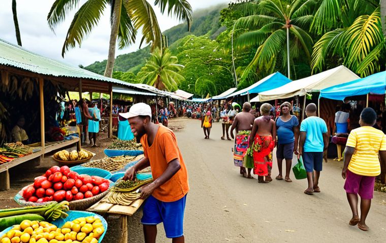**Image Prompt:** Bustling Vanuatu marketplace scene. Focus on a friendly local guiding tourists, showcasing Vanuatu's tourism industry. Include vibrant colors, traditional crafts, and lush tropical background.